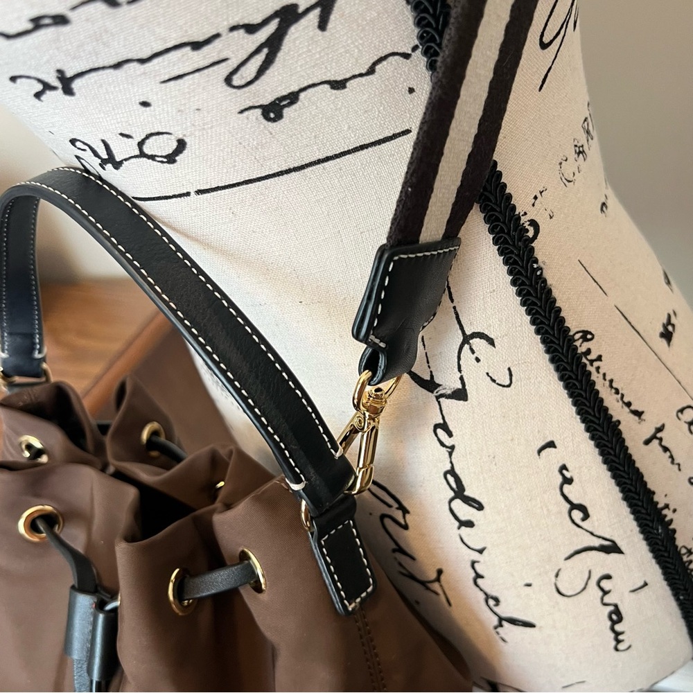 Frances Valentine Brown fabric Black leather trim Drawstring bucket crossbody - Picture 5 of 11
